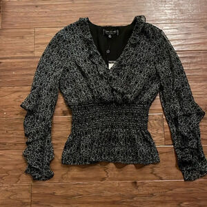 Max Studio Ruffle Trim Chiffon Top with Smocking and Geometric Print Size M